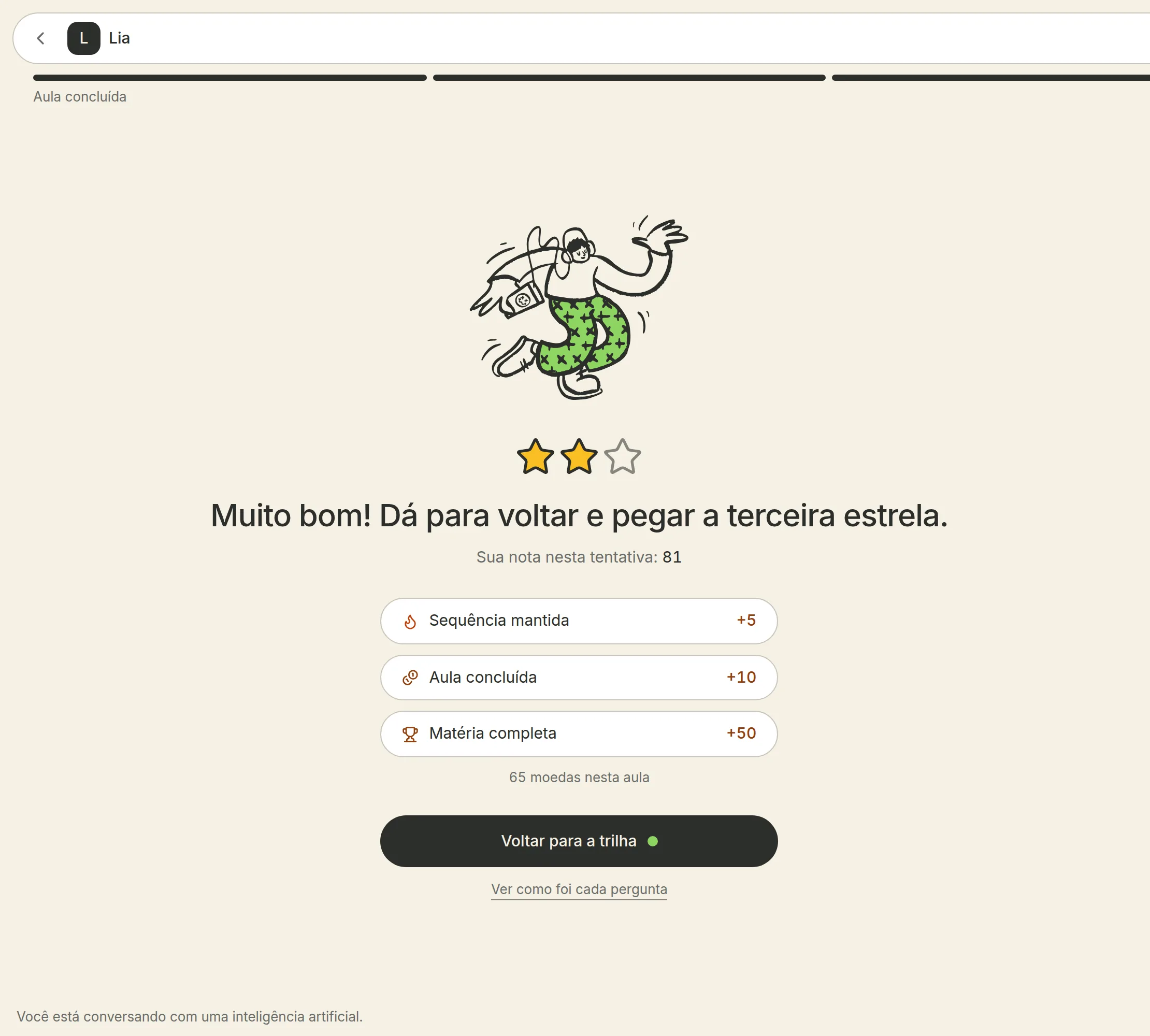 Fim de aula da Lia, com as estrelas conquistadas.